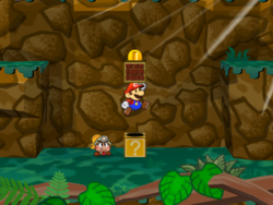 Screenshot of Mario revealing a hidden Coin ? Block in Keelhaul Key, in Paper Mario: The Thousand-Year Door.