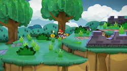 Mario getting a Coin from a tree in the Path to Shhwonk Fortress of Paper Mario: The Thousand-Year Door for Nintendo Switch.