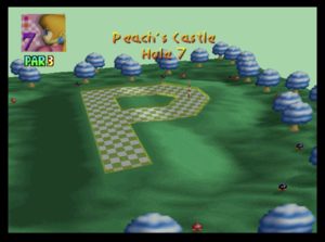 The seventh hole of Peach's Castle from Mario Golf (Nintendo 64)