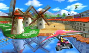 E3 2011 screenshot of Princess Peach racing in Daisy Hills in Mario Kart 7.