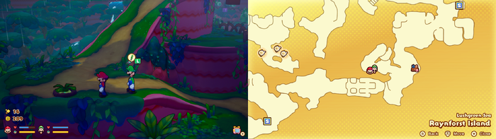 Mario and Luigi near a Plug Radish containing 3 Coins on Raynforst Island of Mario & Luigi: Brothership.