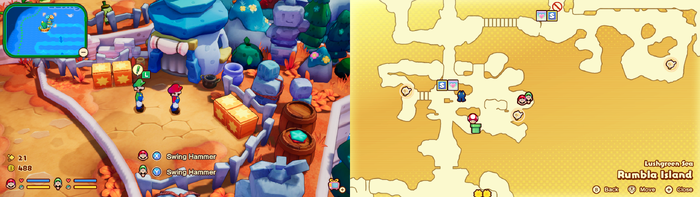 Mario and Luigi near wooden crates containing a Five Coin on Rumbla Island of Mario & Luigi: Brothership.