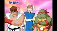 Ryu, Chun-Li, and Raphael in the Super Comboy commercial.