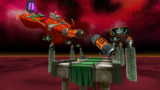 A screenshot of Bowser's Lava Lair during the "Bowser's Big Lava Power Party" mission from Super Mario Galaxy 2.