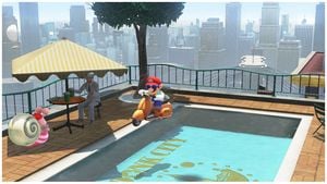 Realizing that pool parties are only for the coolest people, Mario arrives falling with style! Submitted by: Meta Knight (talk)