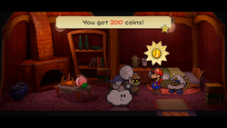 Mario getting 200 Coins from the innkeeper in Twilight Town of Paper Mario: The Thousand-Year Door for Nintendo Switch.