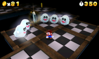 Small Mario surrounded by some Peepas in World 4-4 in Super Mario 3D Land