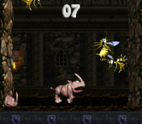 Rambi in the first Bonus Area of Castle Crush in Donkey Kong Country 2: Diddy's Kong Quest