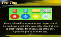 A Pro-Tips screen showcasing the types of Chance Shots from Mario Sports Superstars