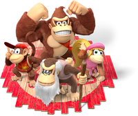 Group artwork of Donkey Kong, Dixie Kong, Diddy Kong and Cranky Kong from Donkey Kong Country: Tropical Freeze.