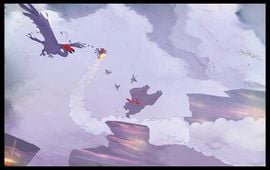 Concept art from Donkey Kong Country Returns showing Kongs fighting a buzzard enemy in a cliff-based area.