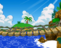 Mario near a tree containing two Coconuts in Keelhaul Key of Paper Mario: The Thousand-Year Door.