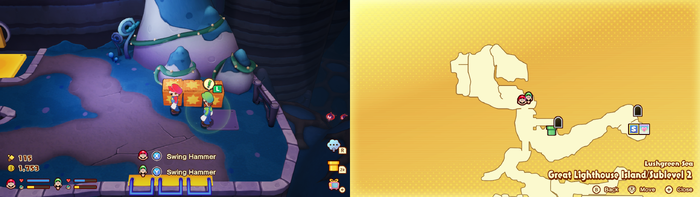 Mario and Luigi near wooden crates containing 2 Coins and a Five Coin on Great Lighthouse Island of the Lushgreen Sea of Mario & Luigi: Brothership.
