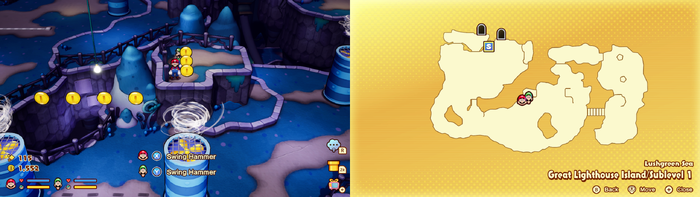 Mario and Luigi near 7 Coins on Great Lighthouse Island of the Lushgreen Sea of Mario & Luigi: Brothership.