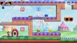 Screenshot of Merry Mini-Land level 4-4 from the Nintendo Switch version of Mario vs. Donkey Kong