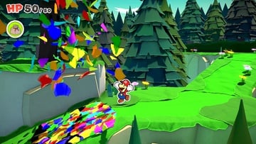 Mario filling in Not-Bottomless Hole No. 14 of Whispering Woods with Confetti in Paper Mario: The Origami King