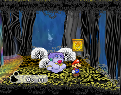 Mario next to the Shine Sprite in the bubble room in the Great Tree.