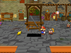 Mario getting the Star Piece under a hidden panel before the south exit in Rogueport's square in Paper Mario: The Thousand-Year Door.