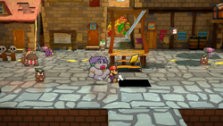 Mario getting the Star Piece under a hidden panel before the south exit in Rogueport's square in the remake of the Paper Mario: The Thousand-Year Door for the Nintendo Switch.