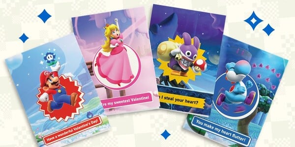 A set of Super Mario Bros. Wonder–themed Valentine's Day cards