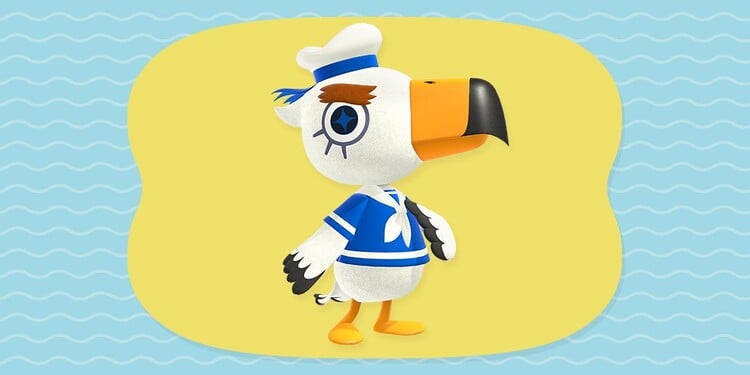 Artwork of Animal Crossing character Gulliver in his Animal Crossing: New Horizons appearance, shown with the second question of the Which beach is which? quiz