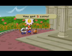 Mario getting 3 Coins from Bub in Poshley Heights of Paper Mario: The Thousand-Year Door.