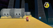 Mario in Slipsand Galaxy, trying to avoid Rhomps.