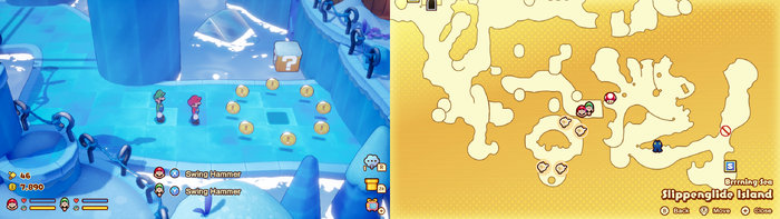 Mario and Luigi near 8 Coins on Slippenglide Island of Mario & Luigi: Brothership.