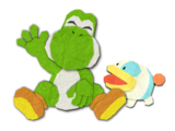 Paper cutout of Yoshi and Light-Blue Poochy Pup