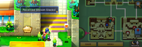 Mario getting the Shroom Slacks from a young beanish dude found between Starbeans Cafe and stairs in the town part of Beanbean Castle of Mario & Luigi: Superstar Saga + Bowser's Minions.