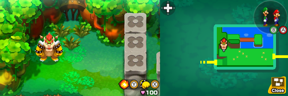 Bowser near three clumps of grass containing a Five Coin each in Dimble Wood of Mario & Luigi: Bowser's Inside Story + Bowser Jr.'s Journey.