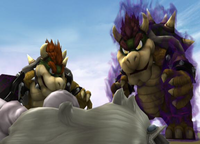 A screenshot of Bowser standing next to a false Bowser.