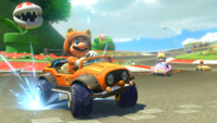 Tanooki Mario in the Tanooki Kart in Mario Kart 8