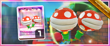 The Piranha Plant Balloons from the Spotlight Shop in the Pipe Tour in Mario Kart Tour