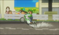 Luigi performing a wheelie on Luigi Circuit