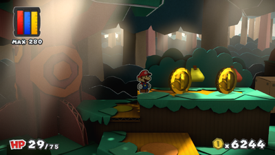 Mario near 2 Coins in Mondo Woods of Paper Mario: Color Splash.