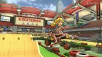 Peach performing a jump with the Excitebike screen in the background