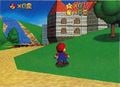 A screenshot of Mario standing outside the Mushroom Castle
