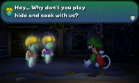 Luigi in The Twins' Room, where Henry and Orville offer him to participate in a game of hide-and-seek, in Luigi's Mansion for the Nintendo 3DS