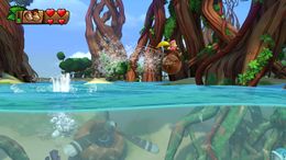 Donkey Kong skips the water with a Kong Roll and the help of Dixie Kong.