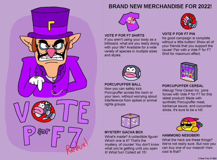 Advertisement for "Vote P for F7 Redux!" merchandise