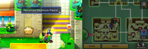 Mario getting the Mushluck Pants from a young beanish dude found between Starbeans Cafe and stairs in the town part of Beanbean Castle of Mario & Luigi: Superstar Saga + Bowser's Minions.