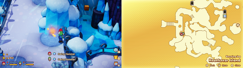 Mario and Luigi near a Sprite Bulb Nest on Heatfreeze Island of Mario & Luigi: Brothership.