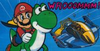 Caped Mario riding Yoshi, in front of an F-Zero machine
