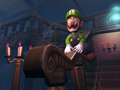 Luigi slides down a handrail in the Foyer, running from a light blue ghost. A spider web can be seen on the stair handrail.