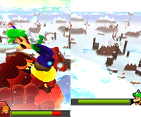 The player using Drill Stomp against Mount Pajamaja X in Mario & Luigi: Dream Team