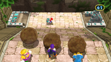 Wario, Waluigi, and Magikoopa, attempting to push boulders down towards Mario in the minigame, Block and Roll