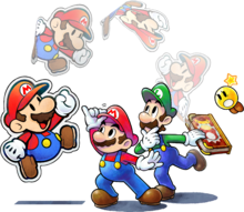 Mario & Luigi: Paper Jam group artwork of Mario, Luigi, Paper Mario, and Starlow