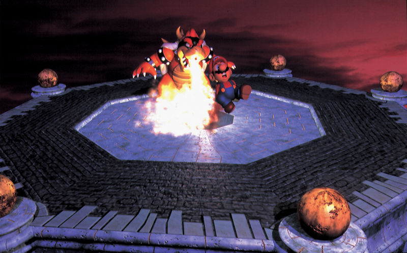 File:Mario and Bowser Fire Artwork (alt 4) - Super Mario 64.jpg