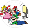 Mario, Princess Peach and Toad watching television while Luigi plays a game on the Wii U GamePad